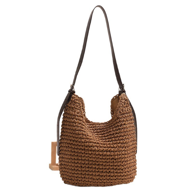 Fashion Large Capacity Straw Crossbody Bag New PU Shoulder Strap Solid Color Woven Bag for Women Beach Vacation - Thumbnail 5