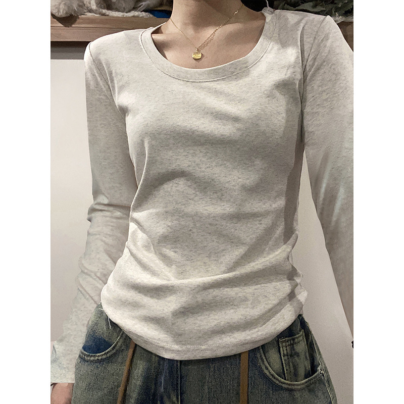 美式正肩灰色长袖T恤女显瘦秋冬新款内搭小众收腰修身打底衫上衣|undefined