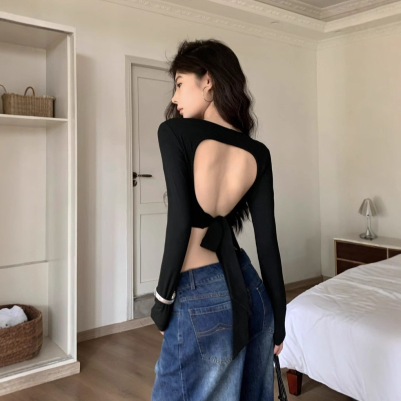 Rhgd Real Shot Early Autumn Pure Lust Black Long-Sleeved T-Shirt Female Niche Sexy Backless Lace-Up Slim Short Top Rhgd Real Shot Early Autumn Pure Lust Black Long-Sleeved T-Shirt Female Niche Sexy Backless Lace-Up Slim Short Top