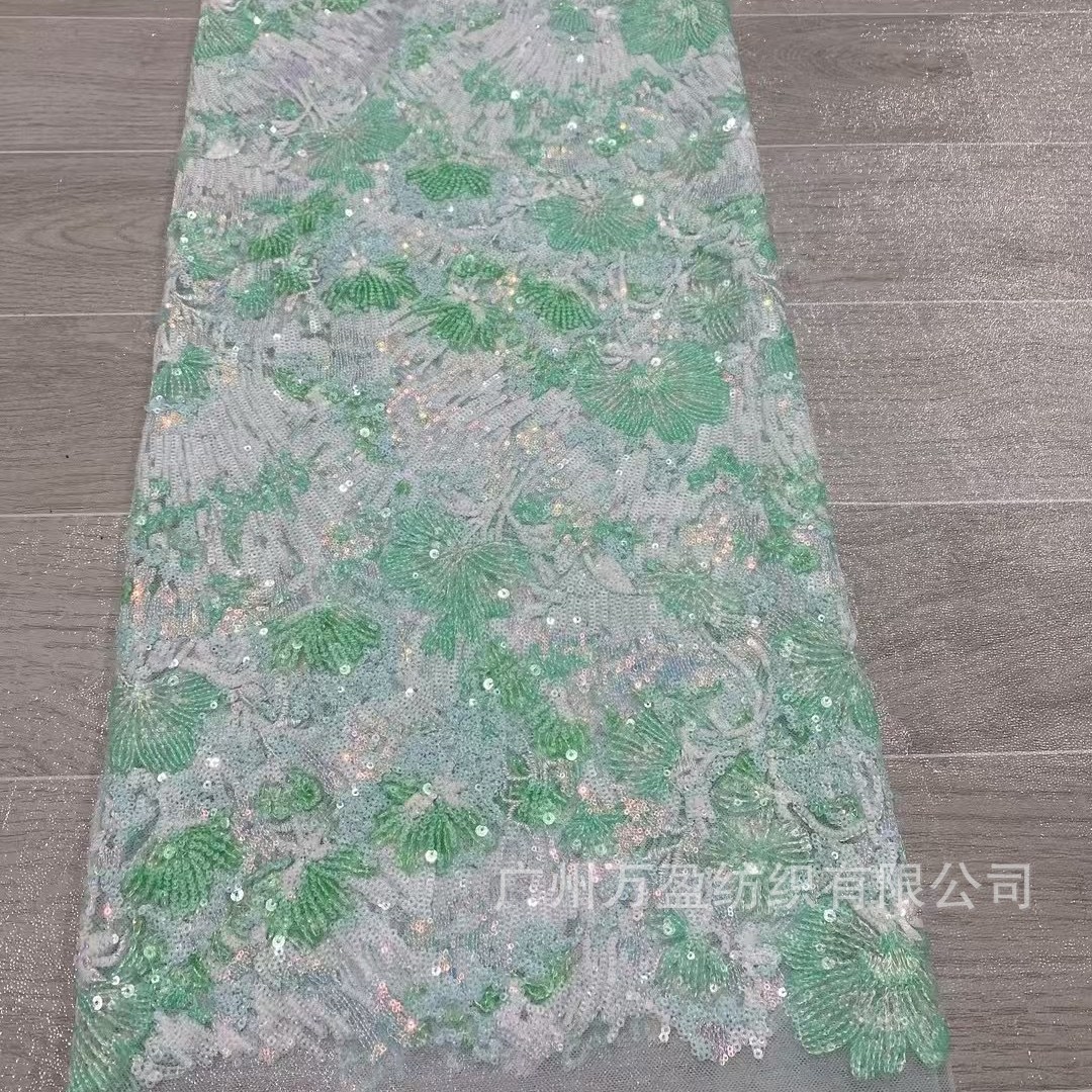 古风新款礼服高定面料精致绿叶图案亮片刺绣网纱面料 现货爆款