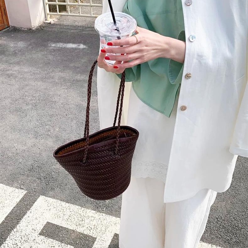 Genuine Leather Hand-Woven Basket Bag For Women - Luxury Vintage Artistic Shoulder Bag, Large Capacity Vacation Style Tote - Thumbnail 4