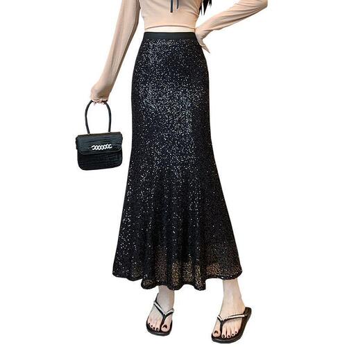 Large size women's clothing mesh half-length long dress standing sequined gold fairy women's dress fashion slimming half-length skirt middle and long dress fat sister