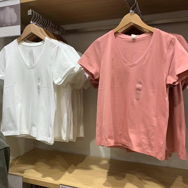 여성복 25 여름 캐주얼 심플 컬러풀 대나무 원사 슬림 브이넥 반팔 티셔츠 탑 483576