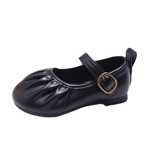 Zapatos de princesa para niñas, estilo nuevo de primavera y otoño 2024, mocasines infantiles negros, zapatos de cuero a la moda, zapatos planos de punta cuadrada para bebés.