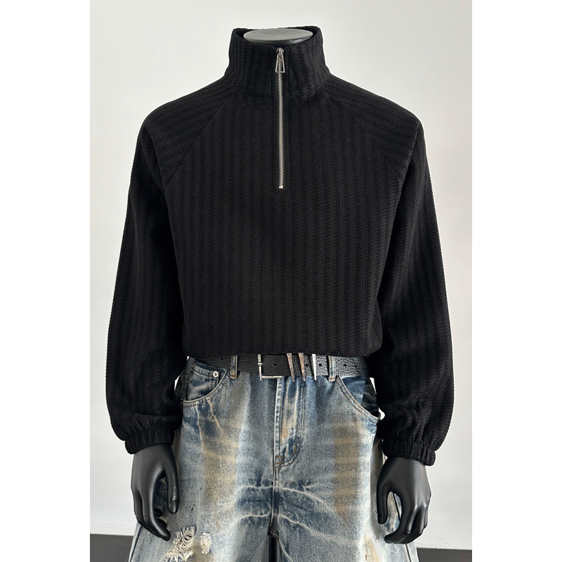 Gray American-style Straight-shoulder Half-zip Long-sleeve T-shirt For Men, Spring High-street Boxy Short Sweatshirt,_voghion.com