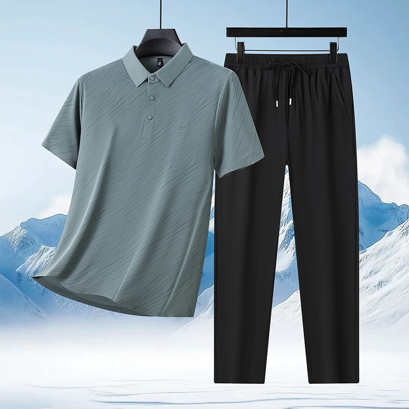 Dad's Summer Short-Sleeved Polo Shirt Men's T-Shirt Lapel Fashion Pants Suit Ice Silk Cool Sports Two-Piece Set