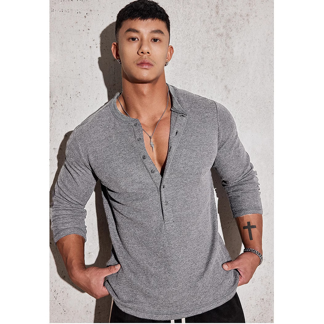 2025欧码跨境外贸男春秋运动健身休闲立领弹力纯色长袖V领POLO