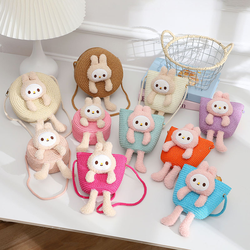 Cute Rabbit Doll Handmade Woven Bag Children's Coin Purse Crossbody Bag Vacation Travel Single-Shoulder Straw Bag Wholesale for Women