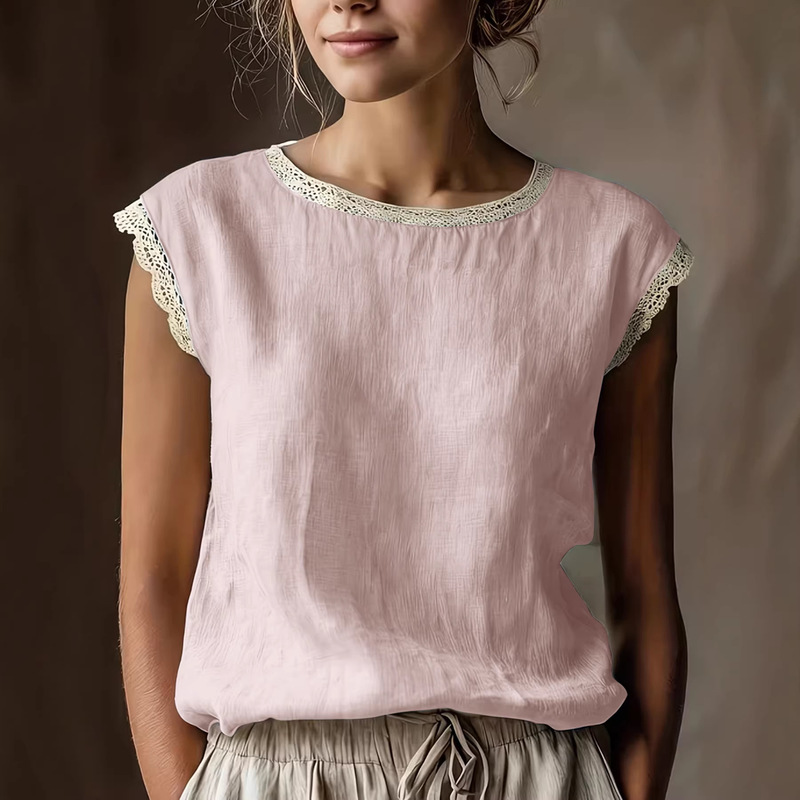 New Linen Women's T-Shirt Sleeveless Top with Lace Splicing, Round Neck, Loose Fit, Slimming, Breathable Summer Shirt, Thin Style New Linen Women's T-Shirt Sleeveless Top with Lace Splicing, Round Neck, Loose Fit, Slimming, Breathable Summer Shirt, Thin Style