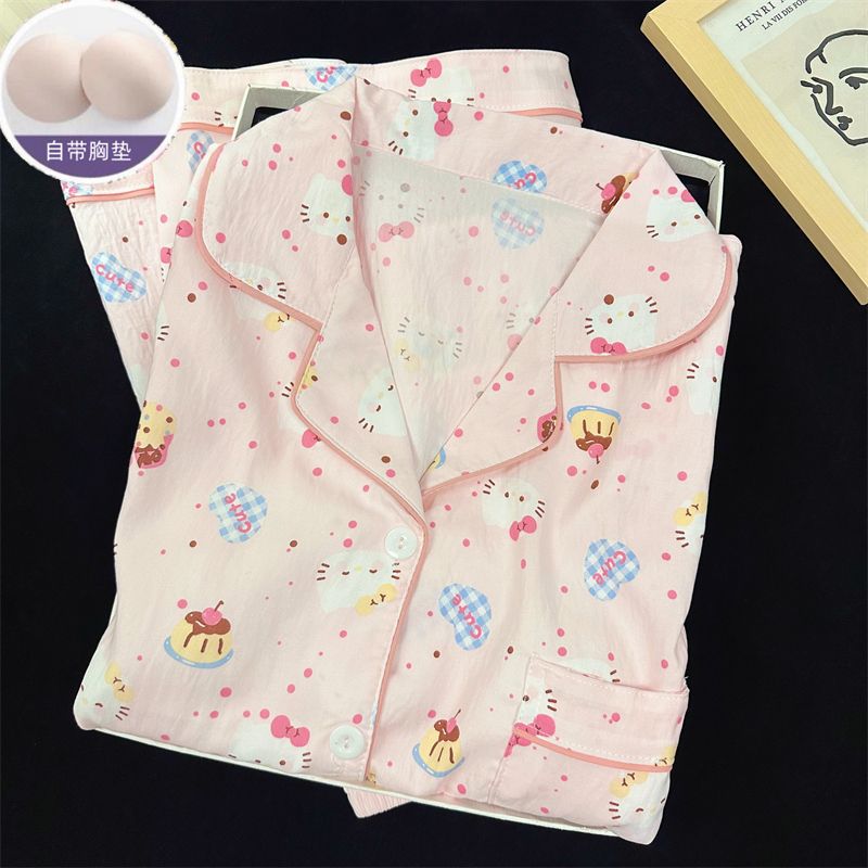 Venta al por mayor transfronteriza con almohadilla para el pecho Nube de algodón nuevo pijama de dibujos animados para mujer lindo pantalones cortos de manga corta rebeca solapa servicio a domicilio