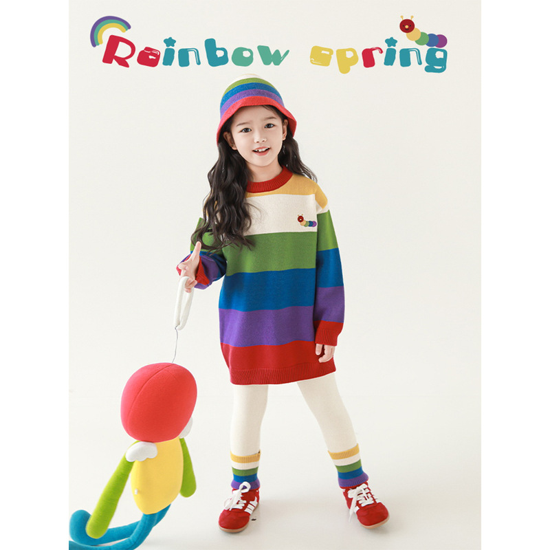 Girls' Beautiful Rainbow Outfit Autumn Slimming Mid-Length Sweater Fashion Warm Leggings