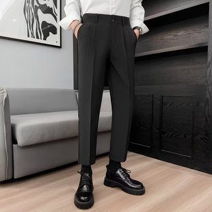 Men's Black Loose Straight-Leg Business Cropped Pants with Drape, 2023 New Summer Casual Thin Pants