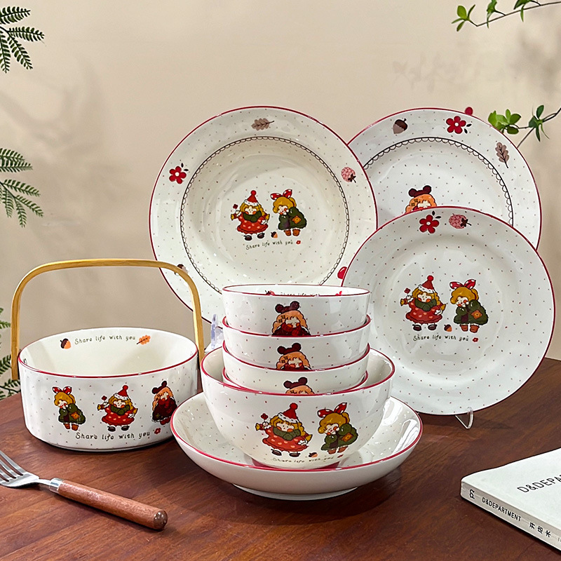 Fresh Danish Girl Red New Year Festive Tableware Household Gift Ceramic Cute Household Cartoon suit Rice