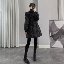 2022新款女裝冬季修身收腰中長款羽絨服女黑色顯瘦雙排扣立領外套