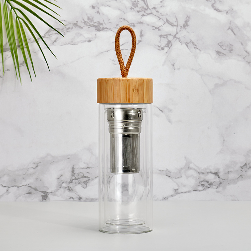 Comercio exterior transfronterizo cubierta de bambú vidrio de gran capacidad de doble capa de borosilicato transparente taza de agua taza de regalo Shell logotipo impreso