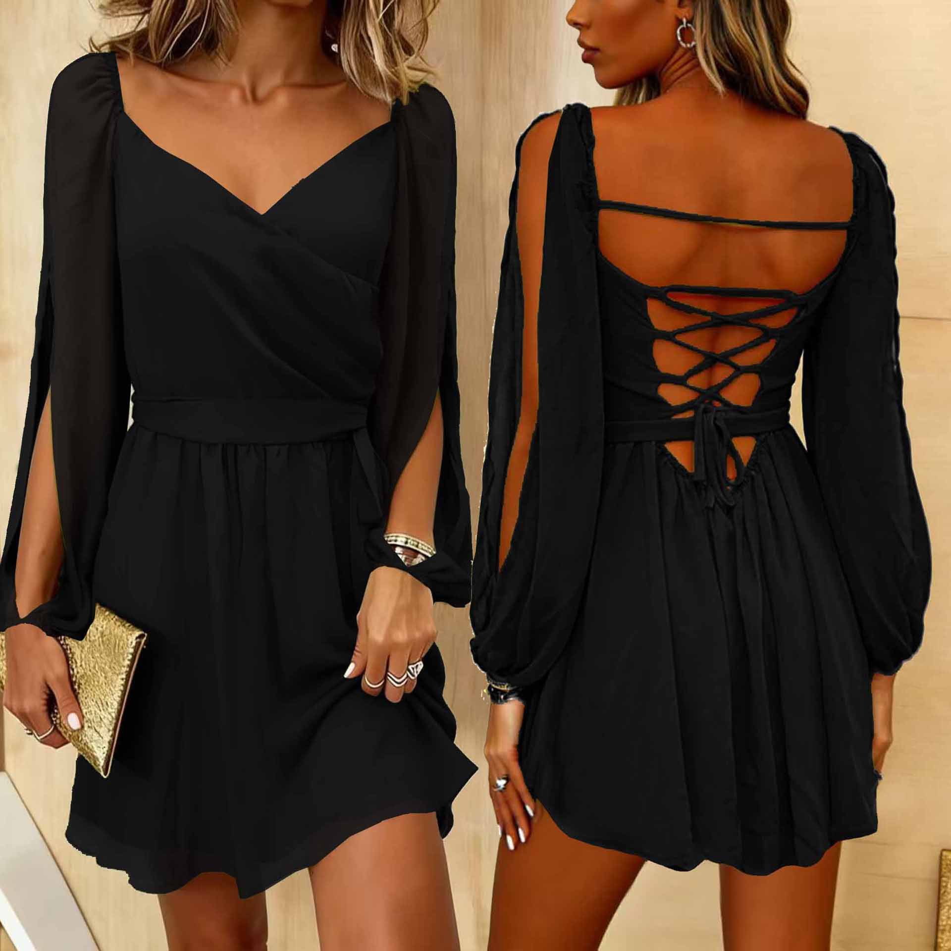 2026 European And American Cross-border Independent Site Elegant Sexy Casual Vacation Backless Lace-up Dress_ecoleips.com