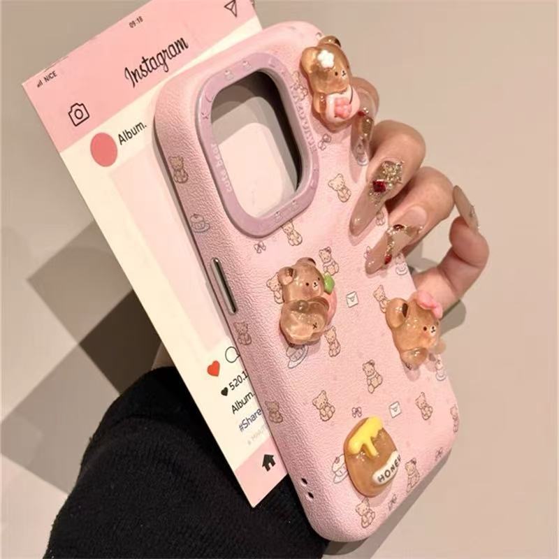 Pink lindo oso de flores tridimensional para iphone15 bolsa de batería 16ProMax Apple 14/13 funda para teléfono móvil