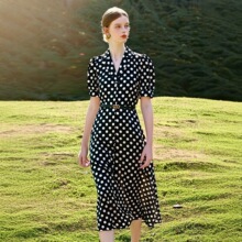 一手货源【佳人苑】品牌专柜撤柜！时尚波点泡泡袖收腰连衣裙25夏