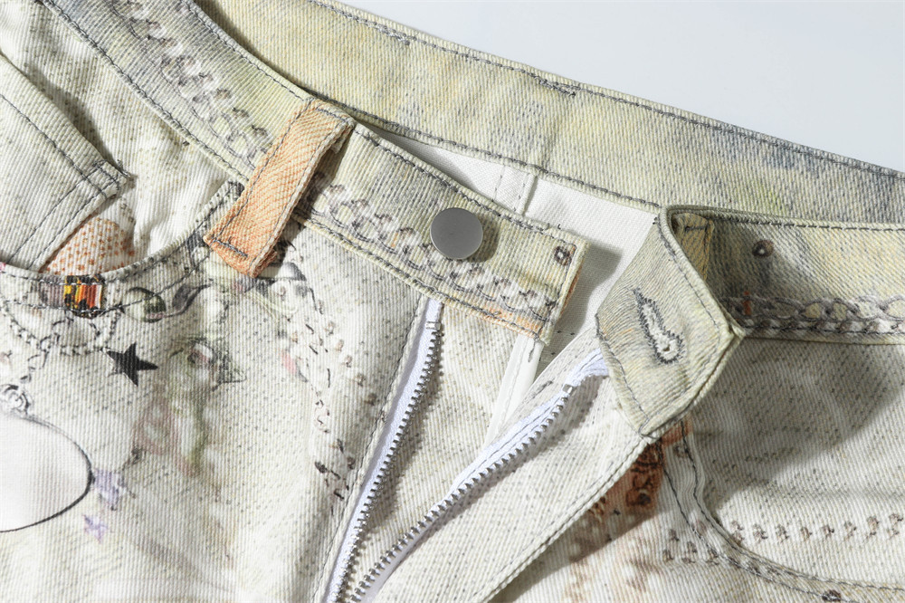Erkek Punk Zincir 3D Dijital Baskılı Geniş Paça Kot Pantolon - Hipster Tarzı İçin Sokak Modası Eskitilmiş Yıkanmış Kot Pantolon_voghion.com