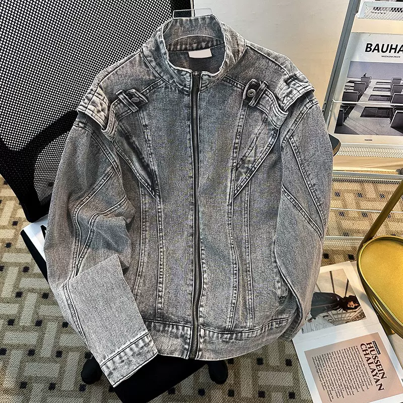 美式复古重工拼接短款牛仔外套潮牌欧美街头cleanfit机车服夹克男