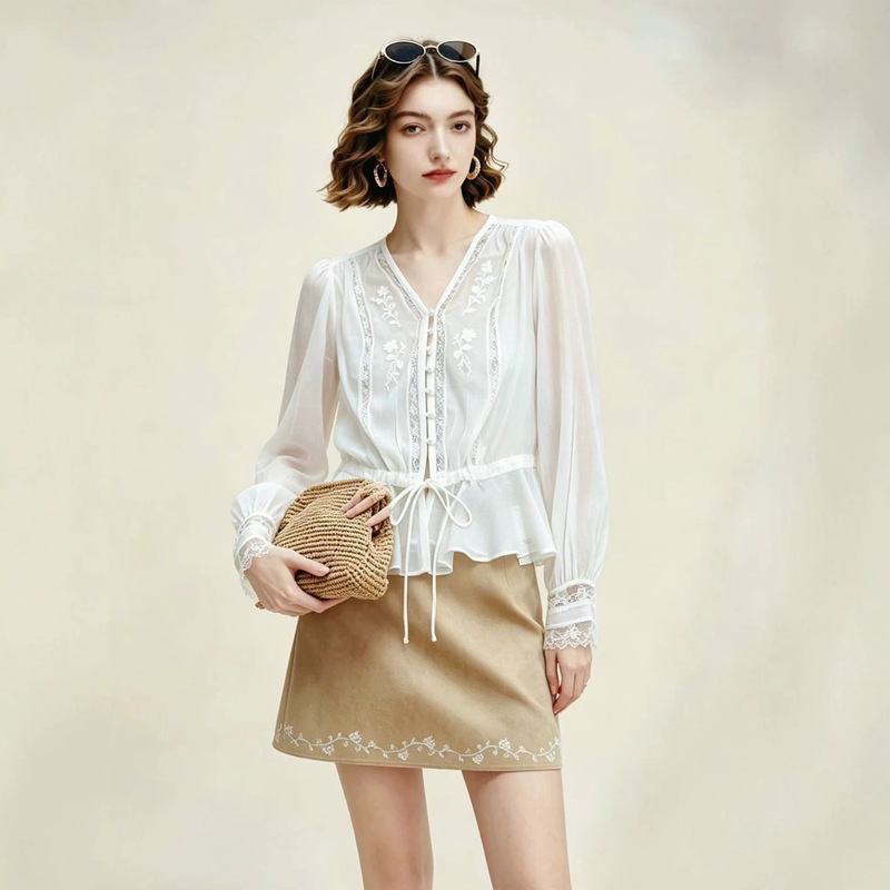 Nanyou French-Style Heavy Embroidery Lace Patchwork Shirt for Women, 2026 Summer New Drawstring Waist Slimming Long-Sleeve Top Nanyou French-Style Heavy Embroidery Lace Patchwork Shirt for Women, 2026 Summer New Drawstring Waist Slimming Long-Sleeve Top