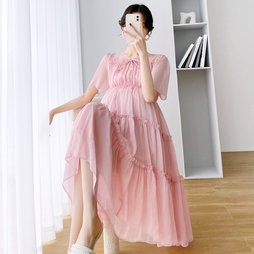 Maternity Summer Wear 2024 New Trendy Style Summer Fashion Chiffon Summer Skirt Loose Medium Long Dress