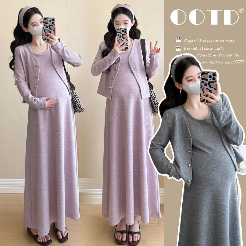 Pregnant Women 2025 Autumn Dress Suit Korean Style Fashionable Mom New Cardigan Long Skirt Pregnant Women Two-Piece Set Pregnant Women 2025 Autumn Dress Suit Korean Style Fashionable Mom New Cardigan Long Skirt Pregnant Women Two-Piece Set