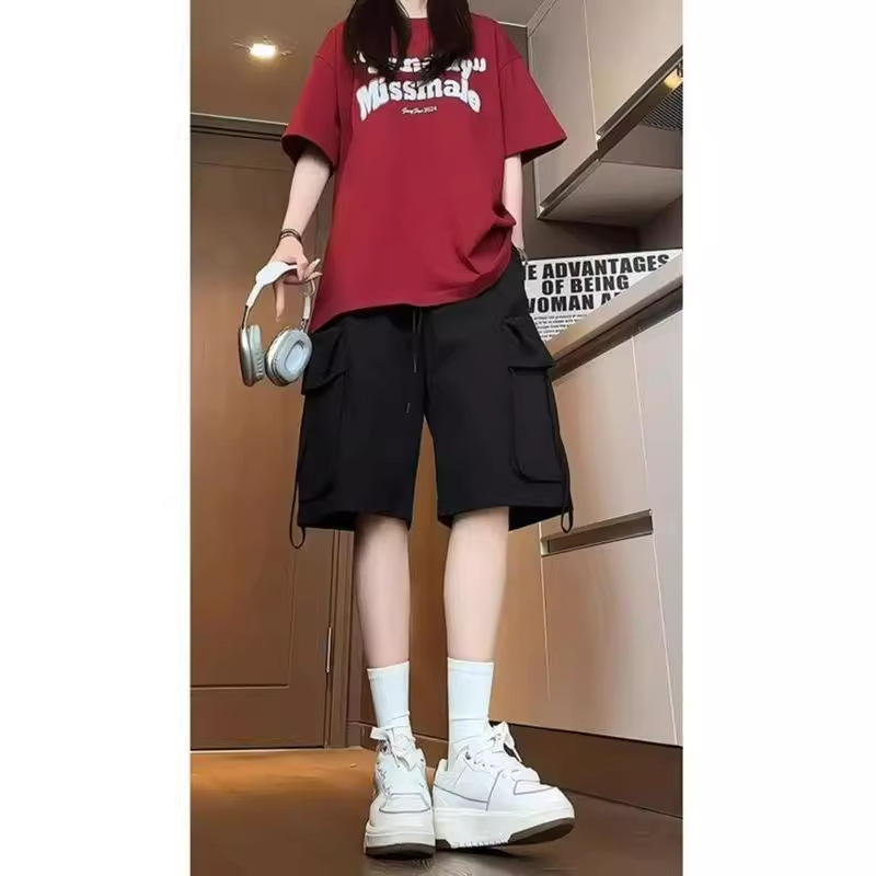 夏用薄い黒のアイスシルク速乾性登山カーゴショーツ、男性と女性用、機能的なルーズトレンディなブランドの5点パンツ|undefined