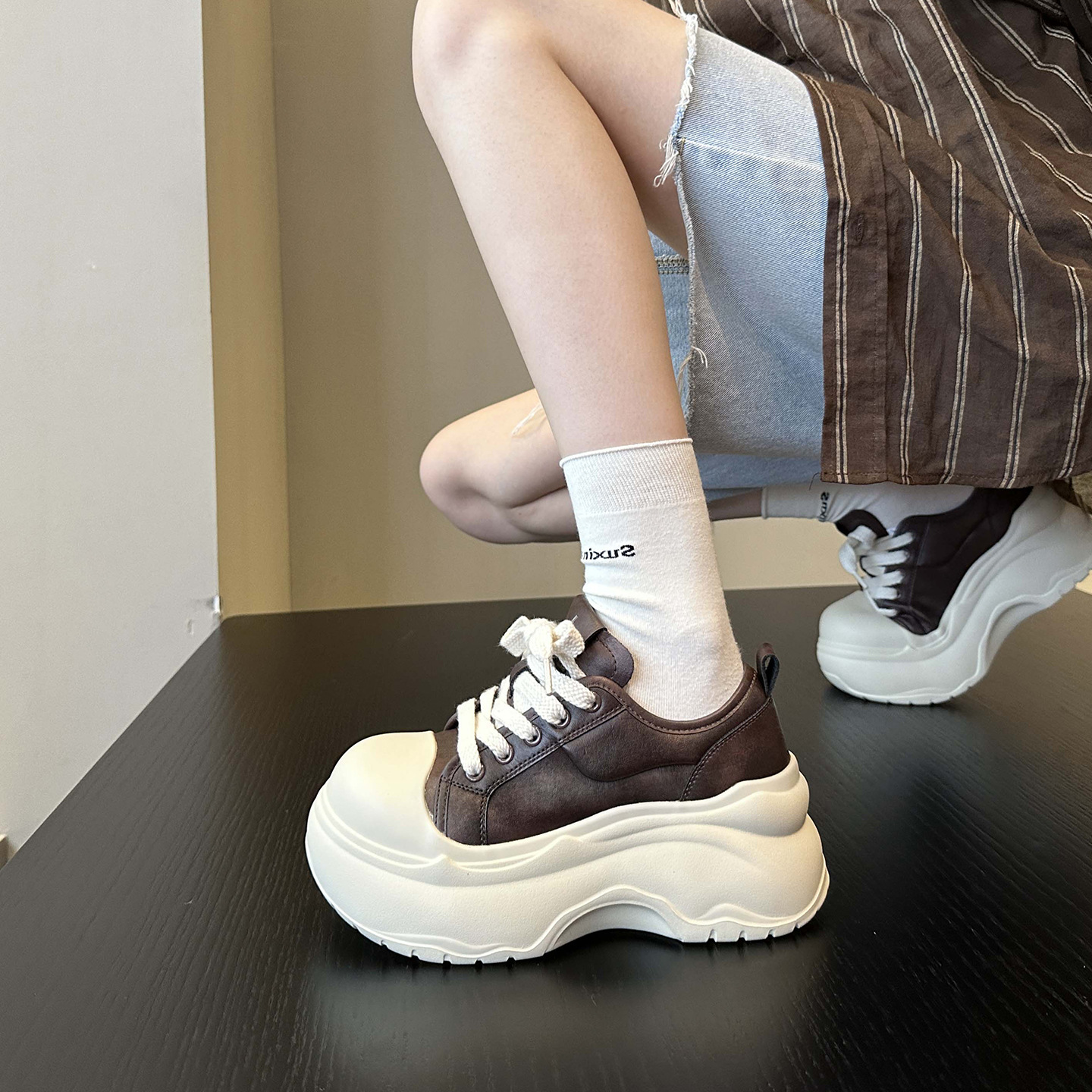 日系甜酷风~7厘米配阔腿裤软底米奇大头丑萌鞋增高厚底鞋女鞋板鞋