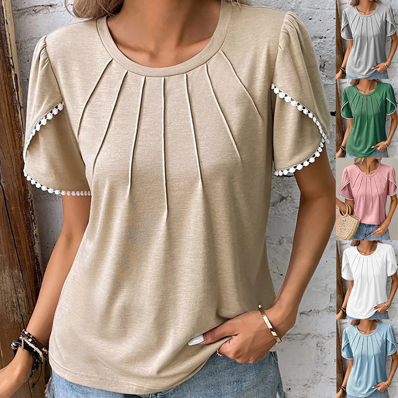 Summer solid T-shirt with a round collar