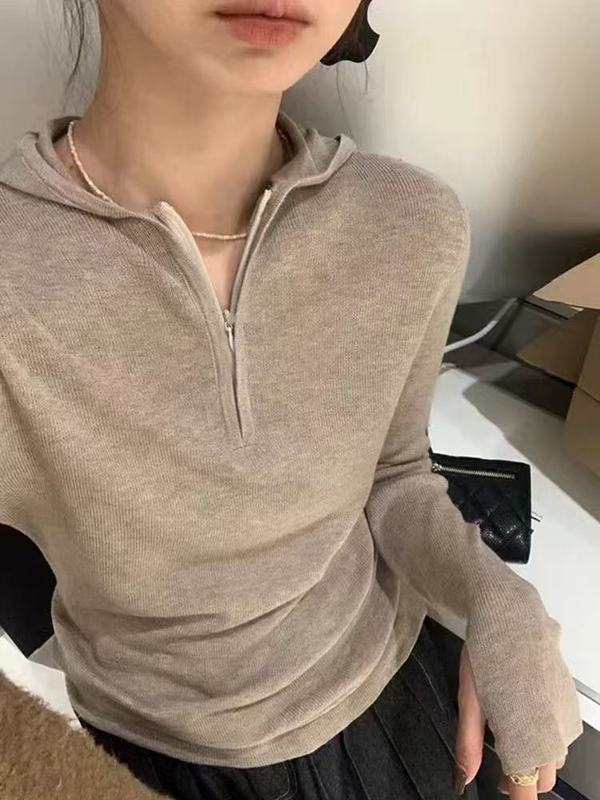 韩系连帽半拉链针织衫女春季chic修身短款毛衣内搭打底衫长袖上衣|undefined