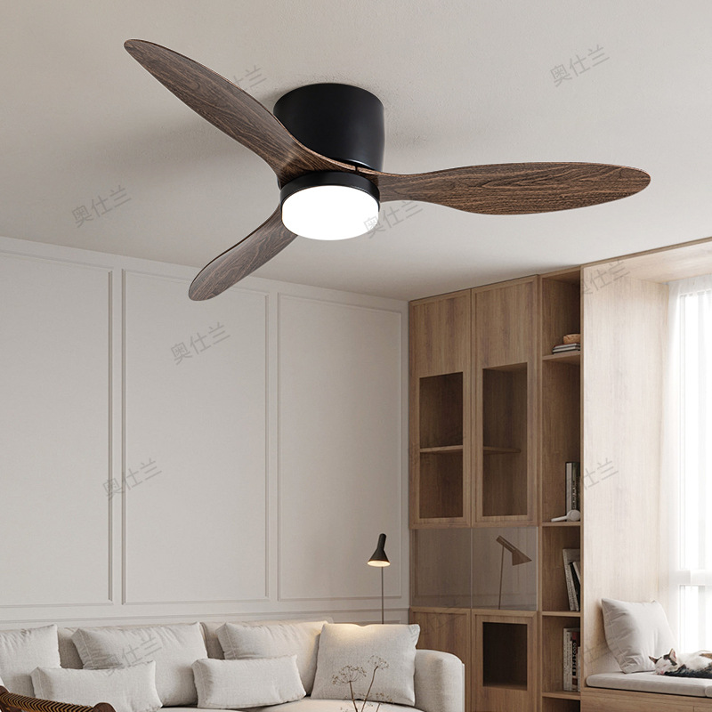 Ventilador de techo con luz nuevo modelo con acabado de madera, estilo nórdico, ideal para dormitorio y comedor, exportación transfronteriza para techos bajos