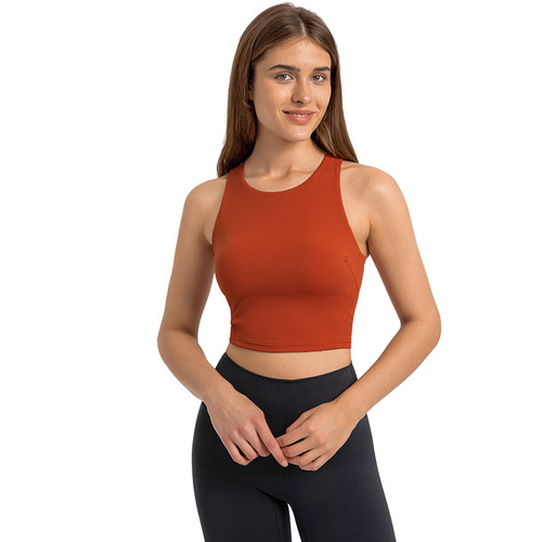 Fashionable high round tie chest pad yoga vest nude tight high elastic sports fitness top for women