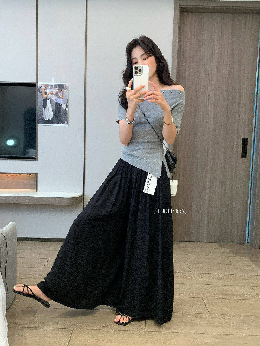 Quần culottes nữ ống rộng cạp cao thiết kế nhún eo phong cách thoải mái — Thẻ nông, màu đen, màu hồng, màu cam chi tiết 6