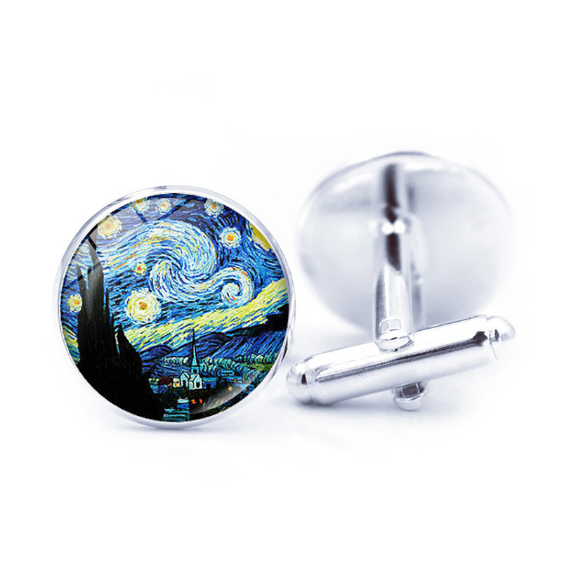 Van Gogh Starry Night Cufflinks Timeless Gemstone French Men's Shirt Silver Cufflinks Cross-border Bestselling Accessory Wholesale