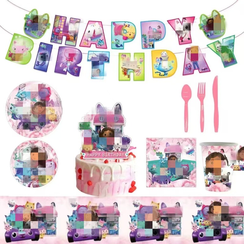 Pink Cover Birthday Party Decoration Supplies Plates, Napkins, Hanging Decorations, Cups, Knives, Forks, Spoons