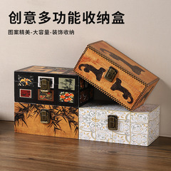 新款中古风木质皮革收纳盒珠宝首饰盒桌面防尘收纳储物盒置物盒