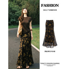 黑色鱼尾碎花半身裙长款早春漂亮穿搭包臀裙子女夏季穿搭御姐轻熟