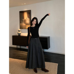 美式辣妹修身显瘦长袖T恤女基础款春秋季黑色圆领内搭外穿打底衫