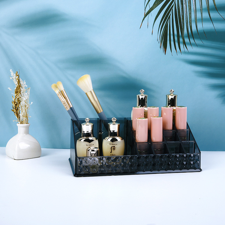 半透明化妆收纳盒 黑色钻石纹化妆品 口红架卸妆棉美妆组合收纳盒