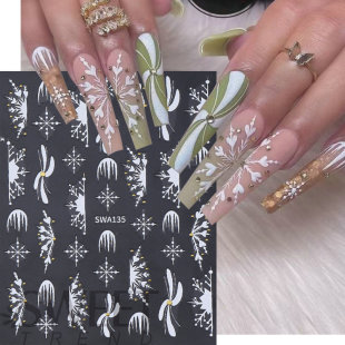 2025跨境聖誕節美甲貼紙 新款黑白雪花愛心法式3D不干膠指甲貼片