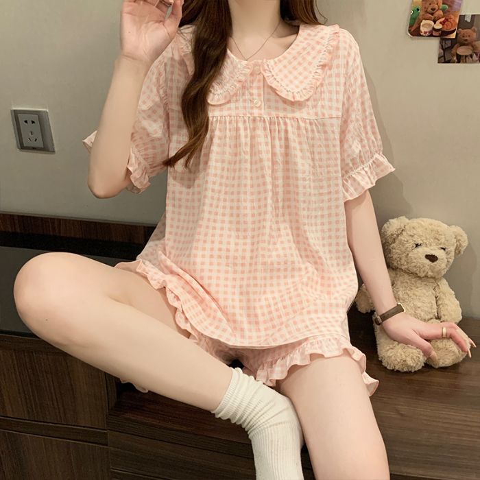 Summer New Pajamas for Women, Cloud Cotton Short-Sleeved Doll Collar, Princess Style, Sweet Girl, Can Be Worn Outside Home Clothes Set