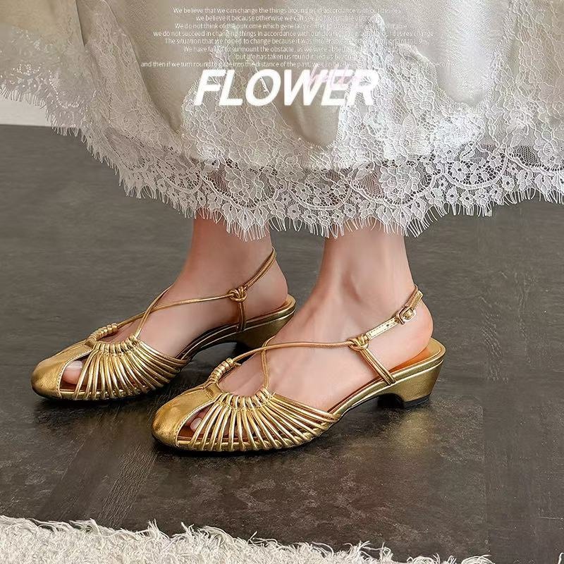 Sandal nữ quai mảnh buộc chéo gót trung bình phong cách Hàn Quốc — màu nâu chi tiết 4