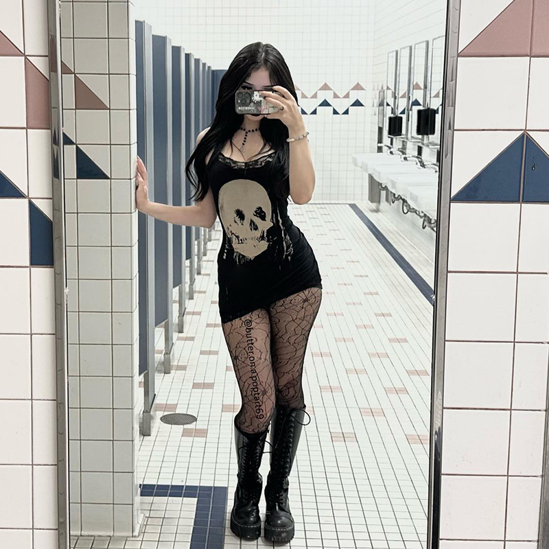 Dz234Ds European and American Cross-Border Dark Style Skull Print Suspender Skirt Gothic Personality Street Fashion Hot Girl Short Skirt