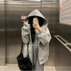 灰色连帽开衫卫衣女拉链休闲宽松oversize慵懒风高级感外套秋冬季
