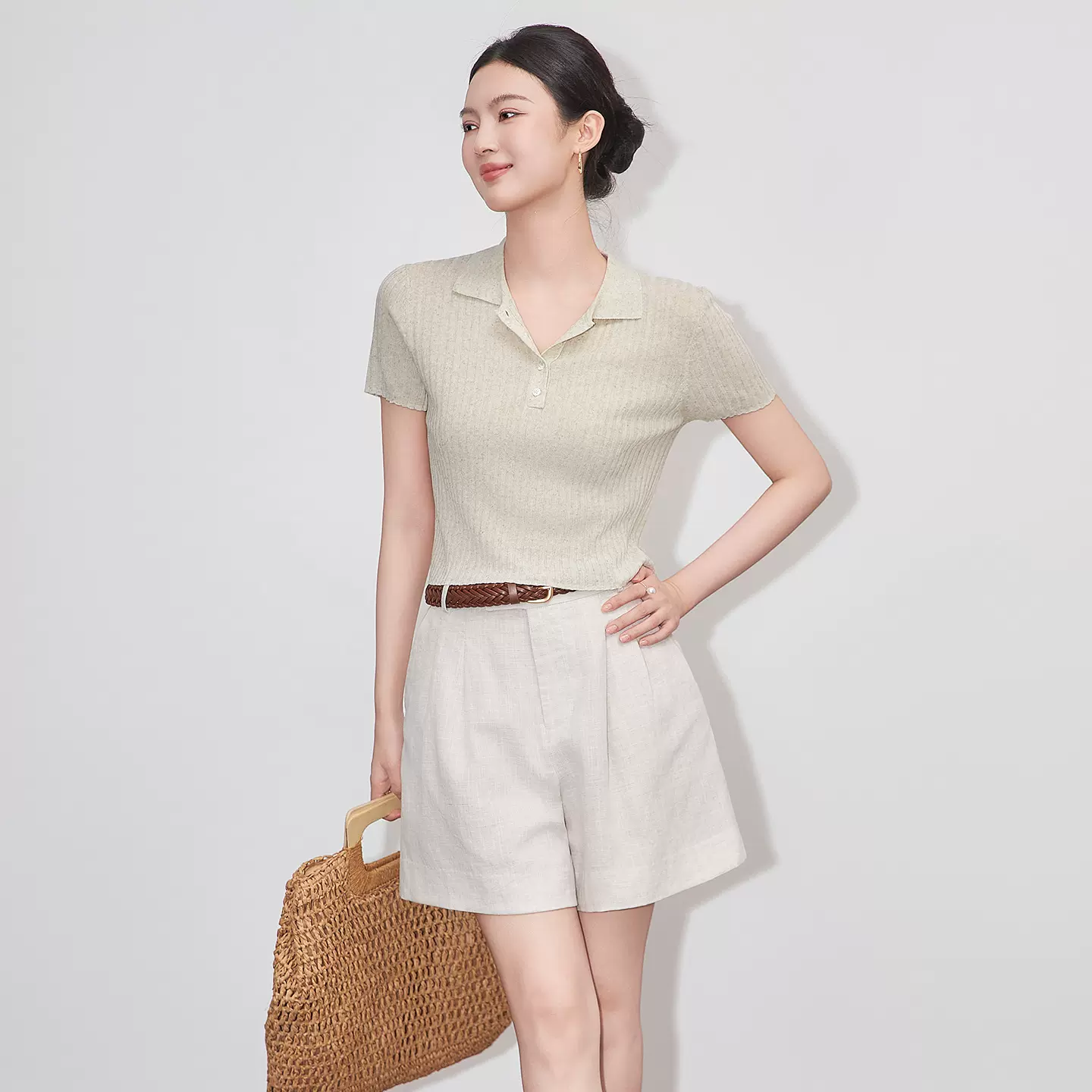 2509414-通勤Polo领短袖上衣16针密织宽条超细天丝亚麻针织衫女夏