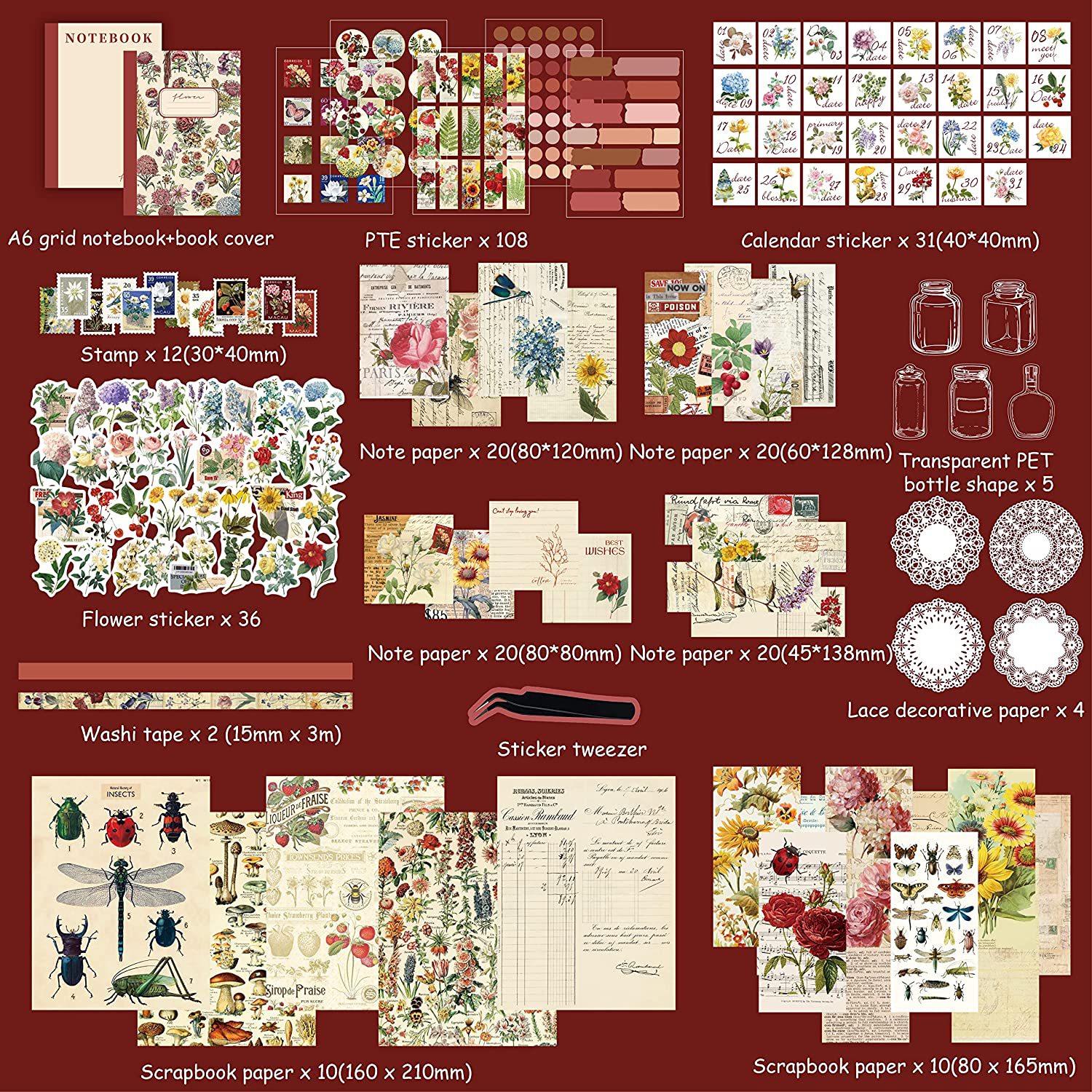 Cross-border Diario pegatinas 265 piezas estética caja de regalo flor planta DIY scrapbook vintage Diario material traje