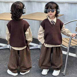 男童套装秋季2025新款洋气儿童马甲三件套酷帅男孩春秋装时髦衣服