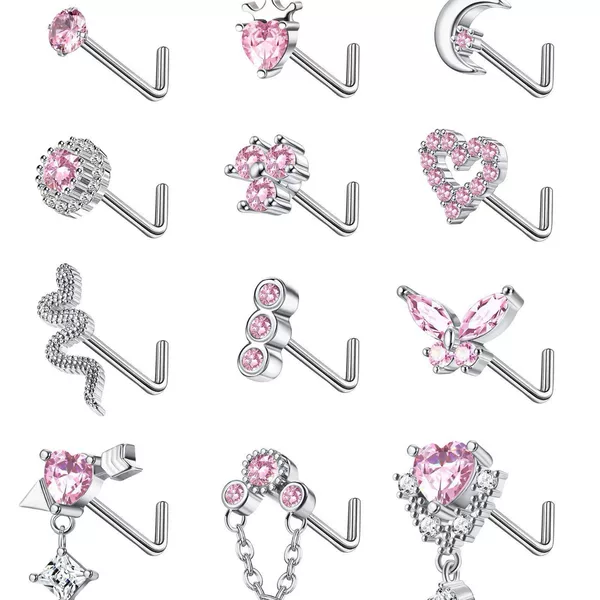 Super Shiny Micro-Inlaid Zircon L-Shaped Nose Stud, Cross-Border European and American Style Butterfly Piercing Nose Ring, Trendy and Cool Unisex Nose Jewelry