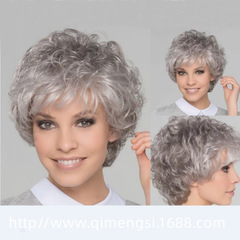 Factory Direct Sale Short Curly Hair with Fluffy Side Bangs for Women, Grey and White High-Temperature Silk Single Piece Wig